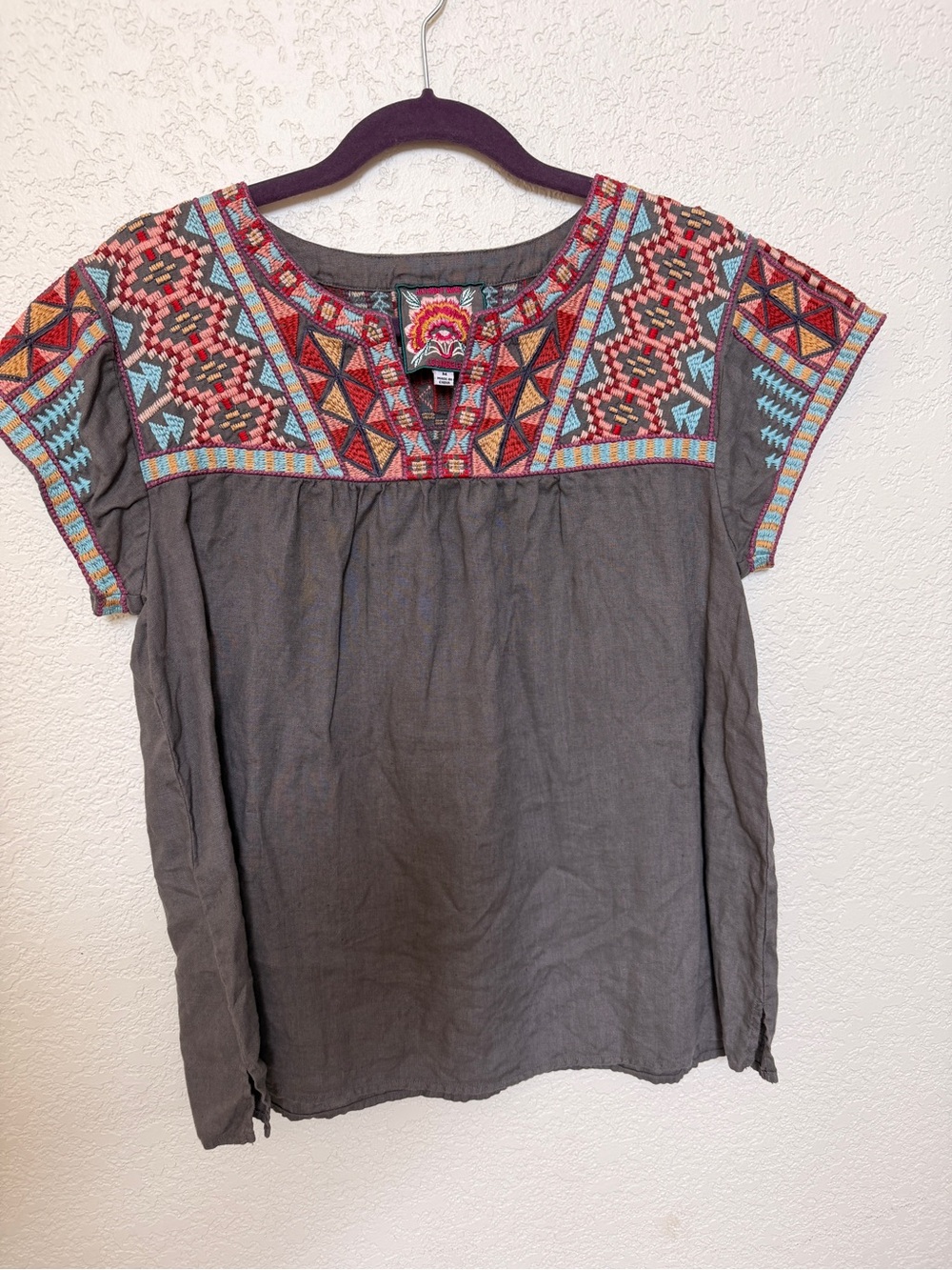 Johnny Was Embroidered Gray Cotton Peasant Top